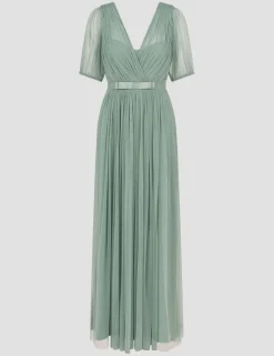 V-Neck Sheer Sleeve Maxi Waisted Dress