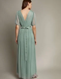 V-Neck Sheer Sleeve Maxi Waisted Dress