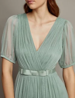 V-Neck Sheer Sleeve Maxi Waisted Dress