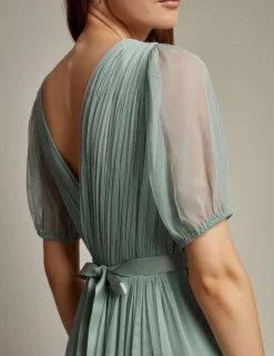 V-Neck Sheer Sleeve Maxi Waisted Dress