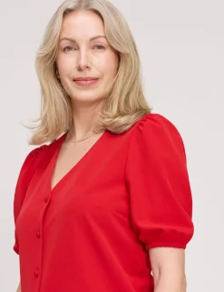 V-Neck Short Sleeve Button-Through Top