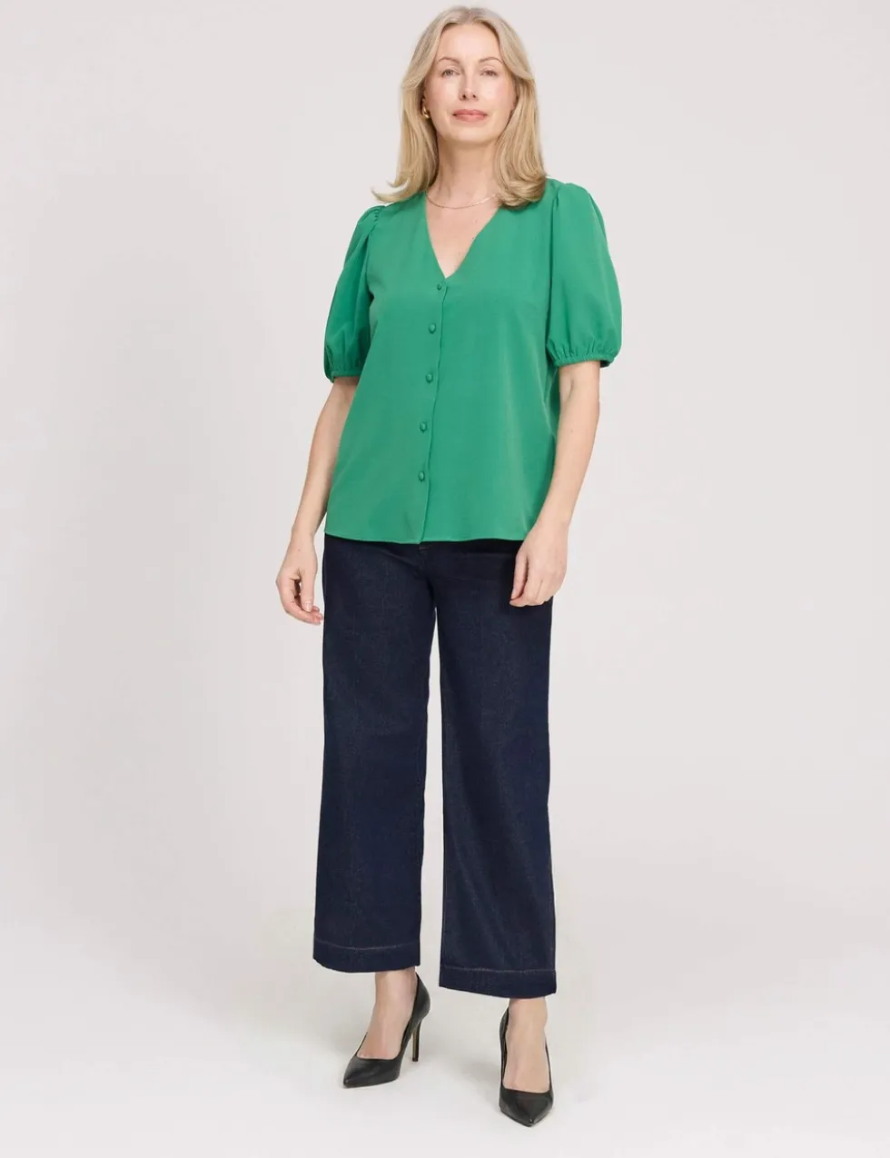 V-Neck Short Sleeve Button-Through Top