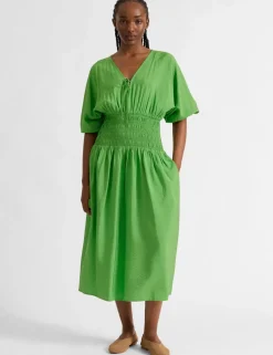 V-Neck Tie Detail Midi Waisted Dress