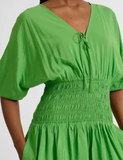 V-Neck Tie Detail Midi Waisted Dress