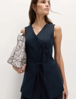 V-Neck Tie Front Waistcoat with Linen