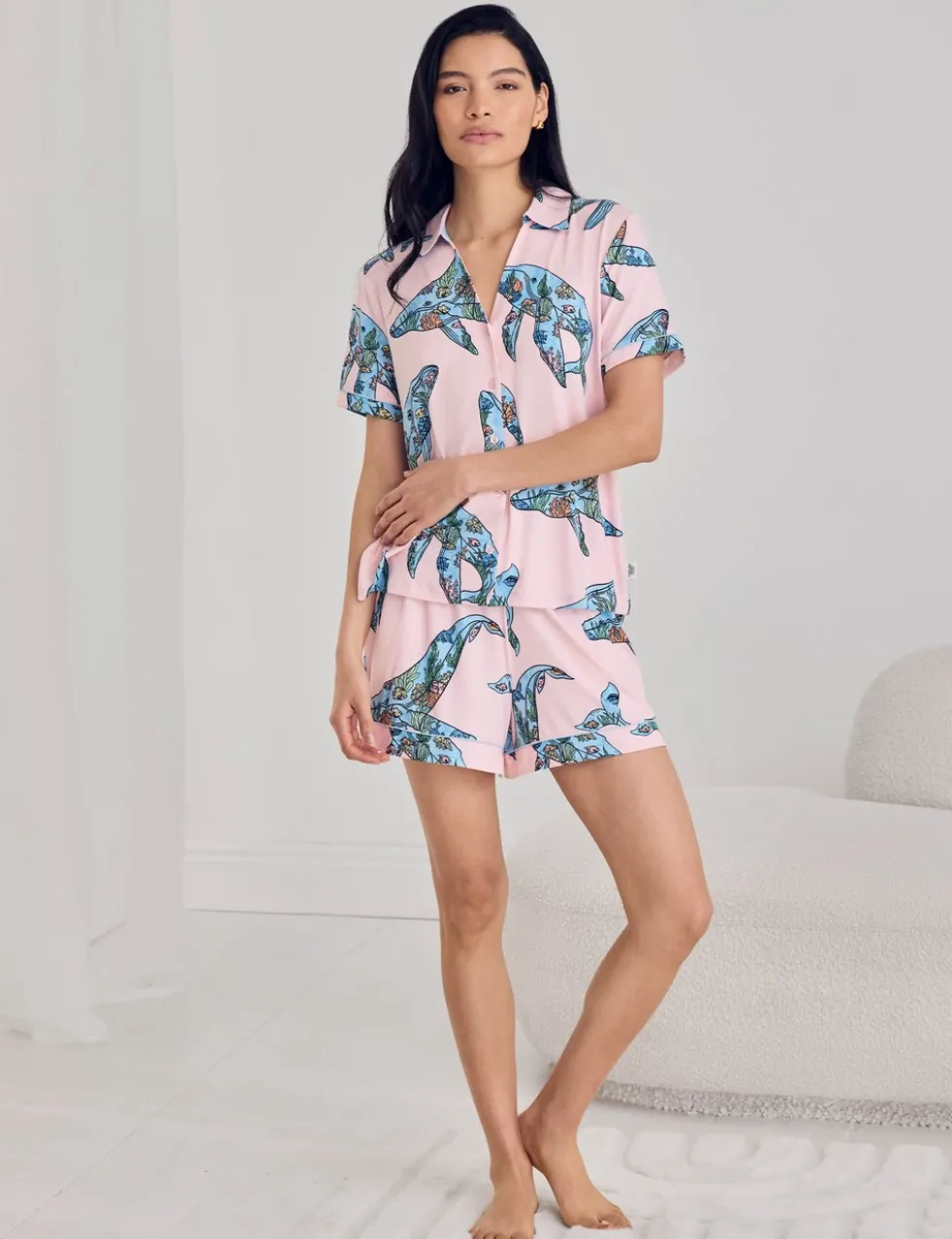 Whale Print V-Neck Shortie Set