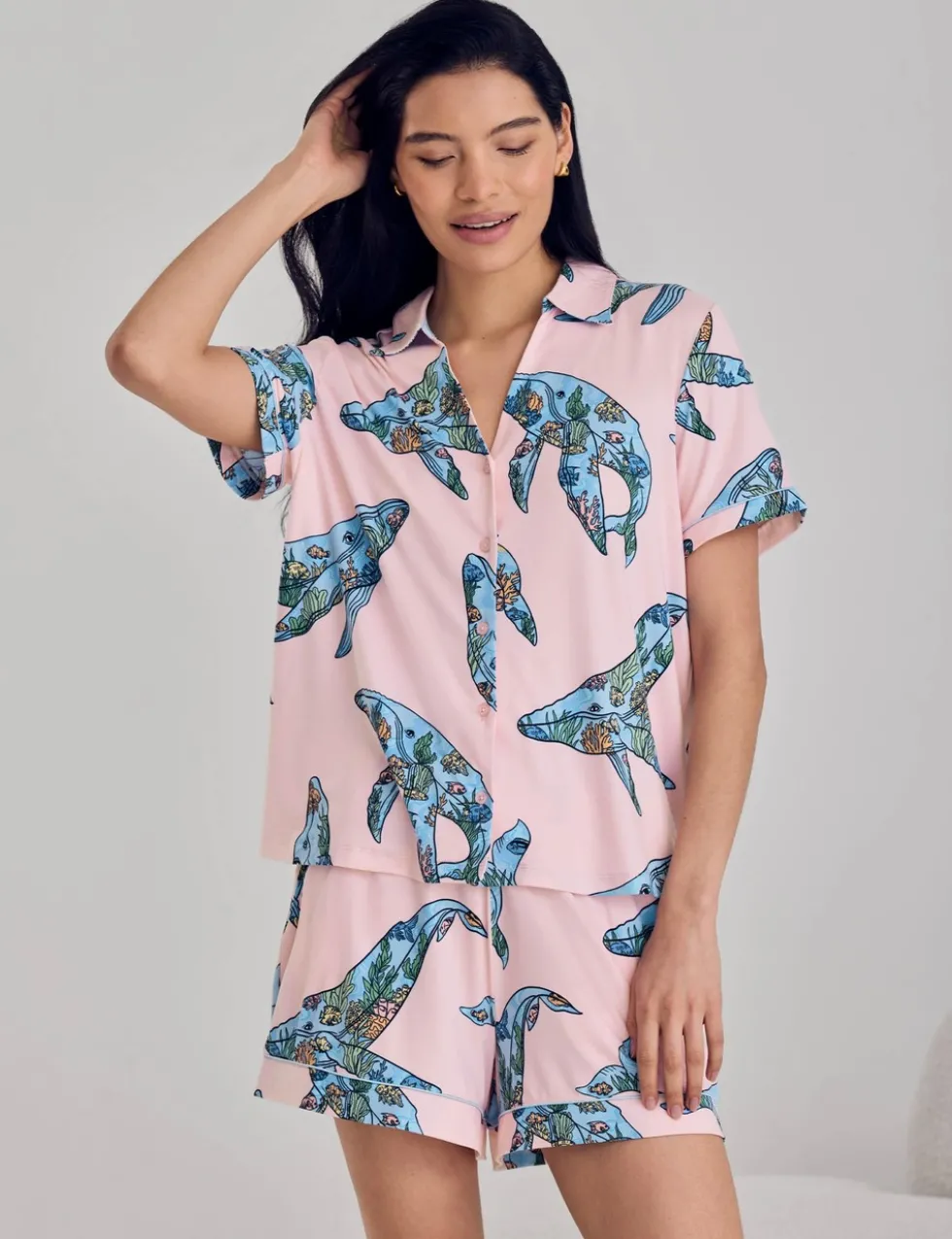 Whale Print V-Neck Shortie Set
