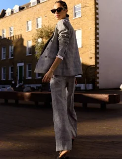 Wool Blend Checked Tailored Wide Leg Trousers