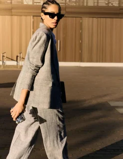 Wool Blend Checked Tailored Wide Leg Trousers