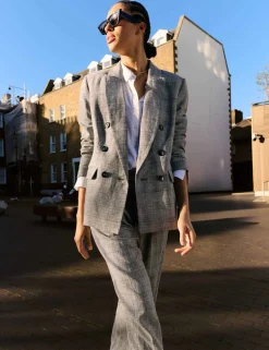 Wool Blend Checked Tailored Wide Leg Trousers