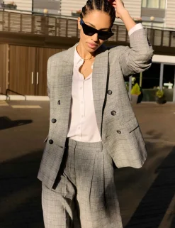 Wool Blend Checked Tailored Wide Leg Trousers
