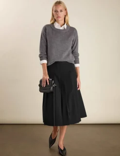Wool Blend Pleated Midi A-Line Skirt