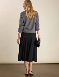 Wool Blend Pleated Midi A-Line Skirt