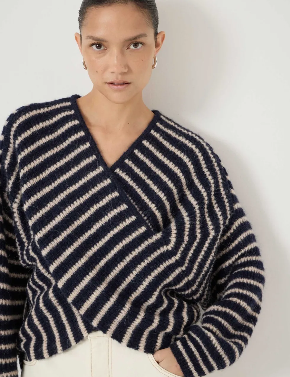 Wool Blend Striped V-Neck Cross Front Jumper