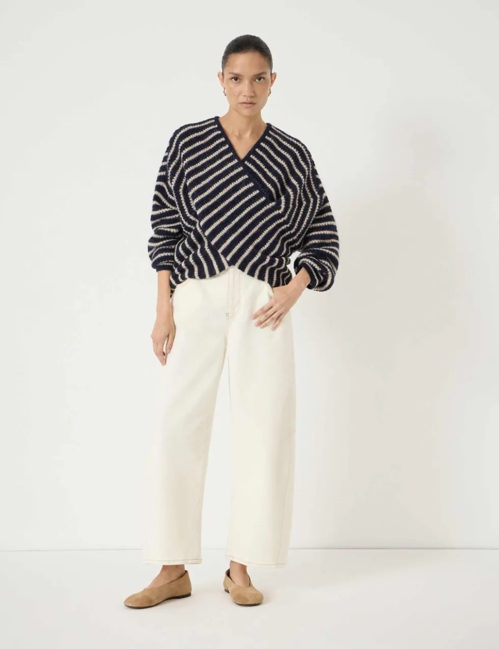 Wool Blend Striped V-Neck Cross Front Jumper