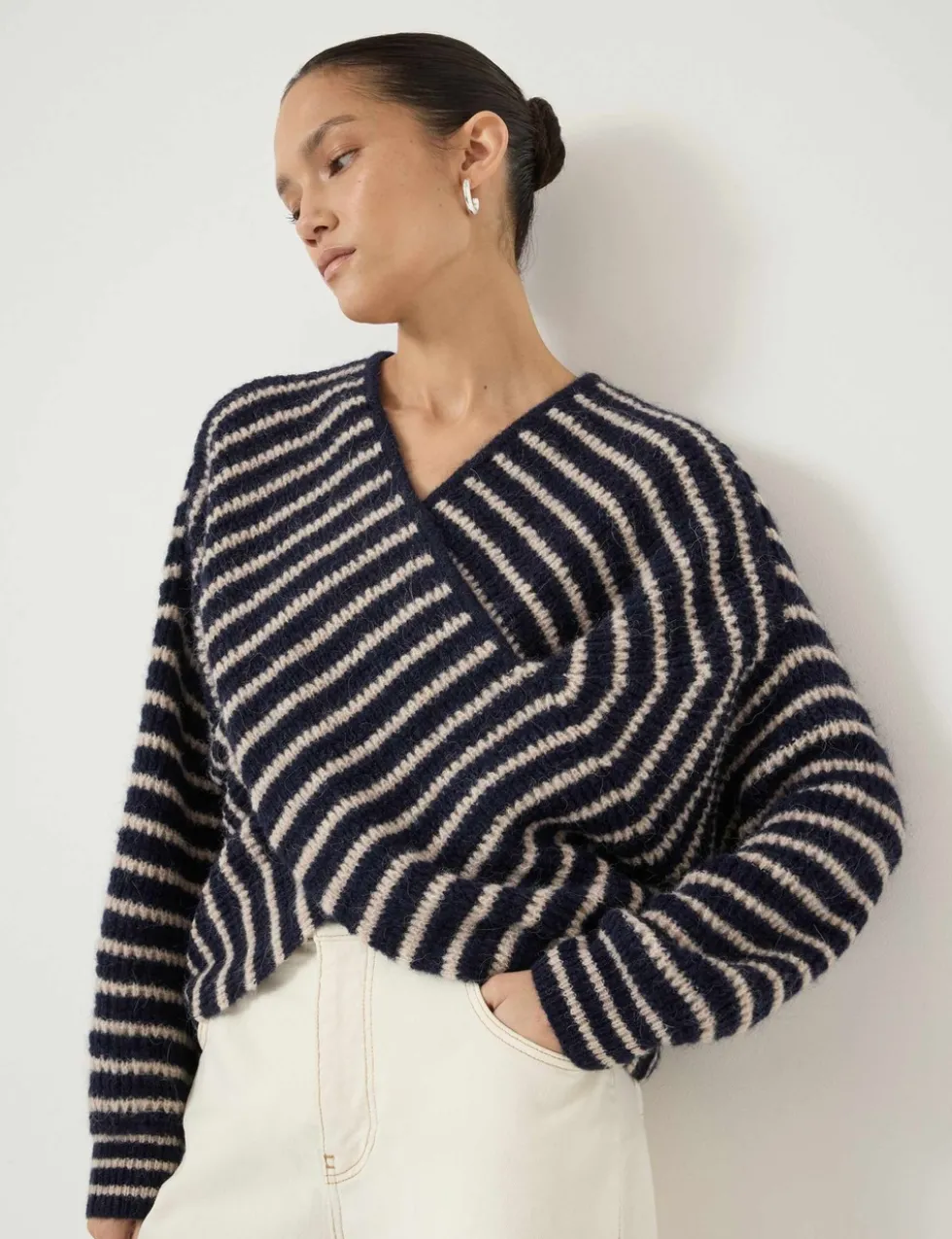 Wool Blend Striped V-Neck Cross Front Jumper