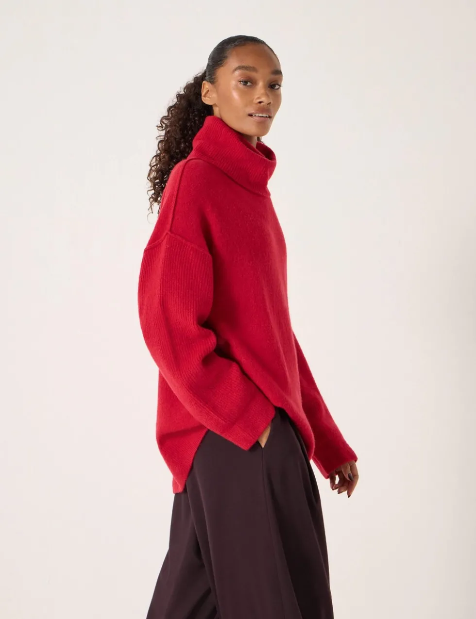 Wool Blend Textured Roll Neck Longline Jumper