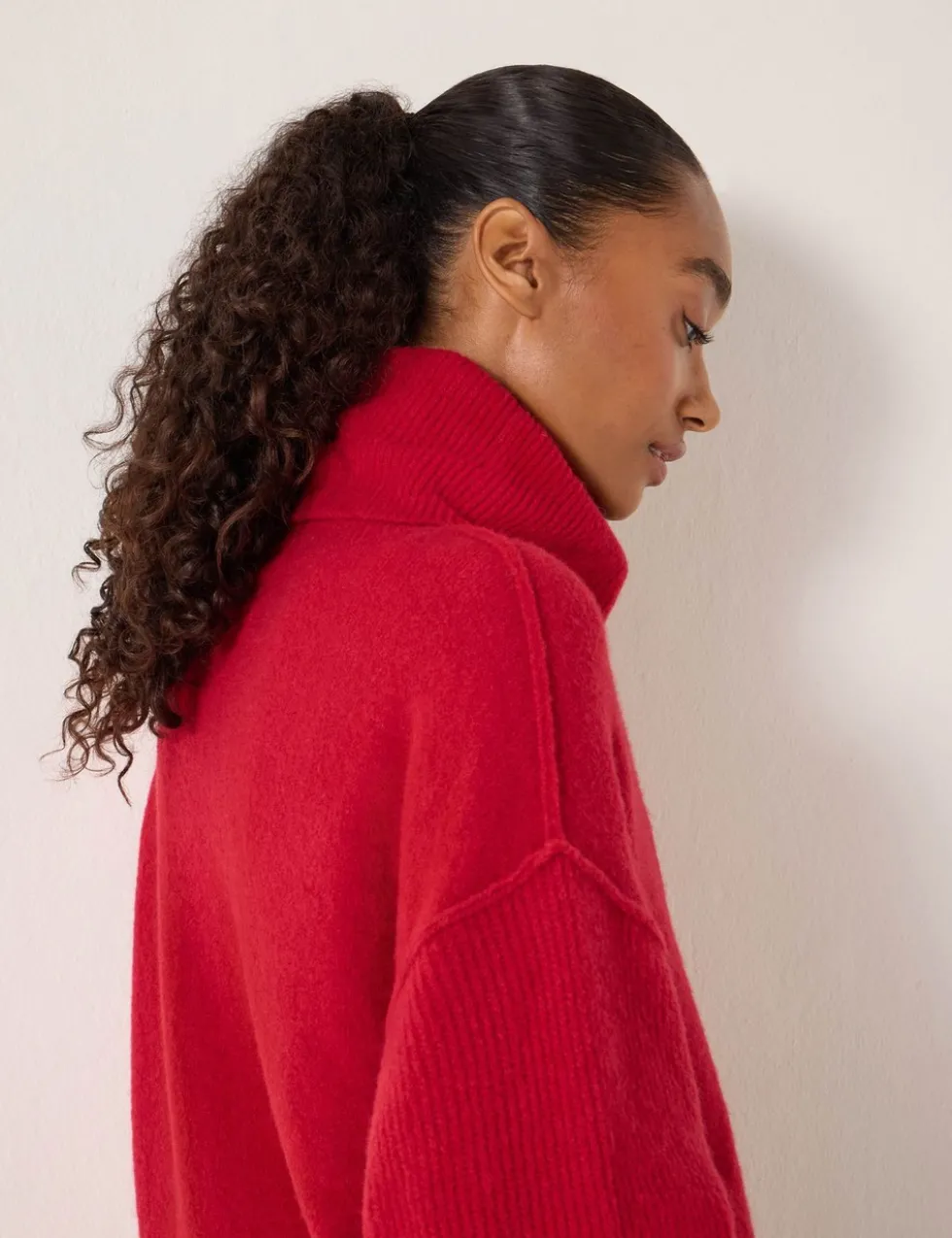 Wool Blend Textured Roll Neck Longline Jumper