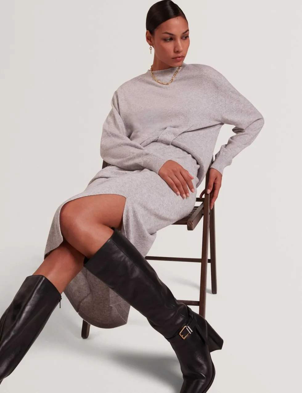 Wool Blend Twist Front Midaxi Jumper Dress