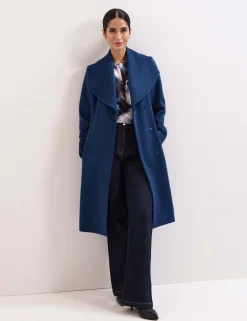 Wool Rich Belted Collared Longline Wrap Coat