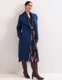 Wool Rich Belted Collared Longline Wrap Coat