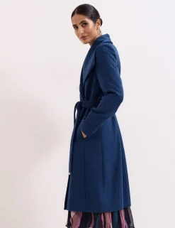 Wool Rich Belted Collared Longline Wrap Coat