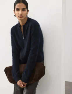 Wool Rich Brushed Zip Up Cardigan with Cashmere