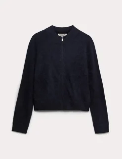 Wool Rich Brushed Zip Up Cardigan with Cashmere