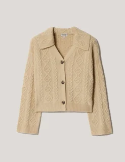 Wool Rich Cable Knit Collared V-Neck Cardigan