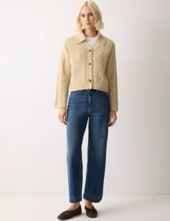 Wool Rich Cable Knit Collared V-Neck Cardigan