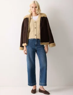 Wool Rich Cable Knit Collared V-Neck Cardigan