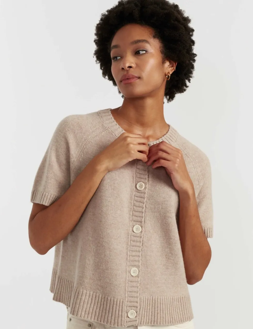 Wool Rich Crew Neck Cardigan with Cashmere