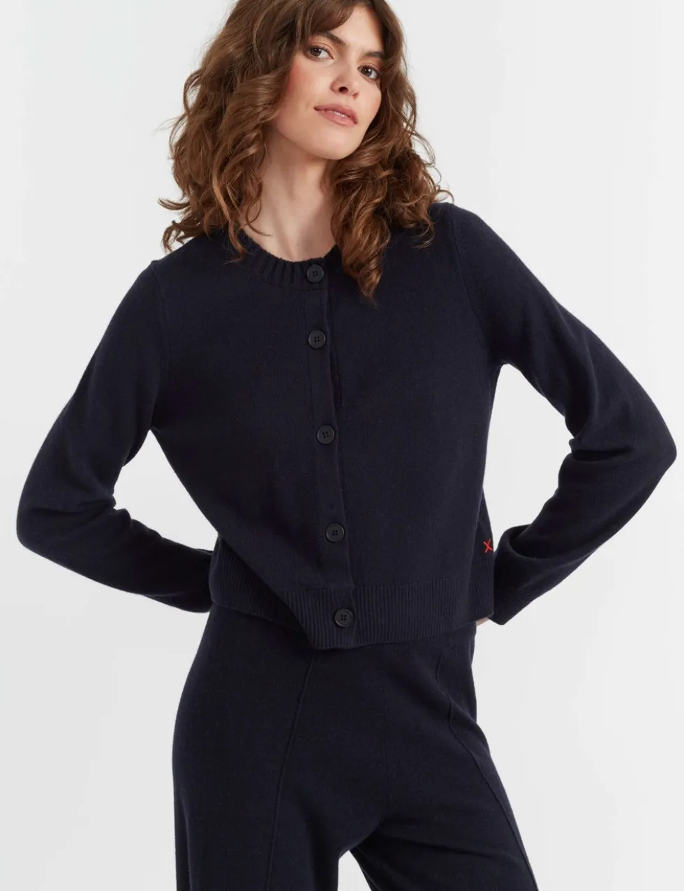 Wool Rich Crew Neck Cardigan with Cashmere