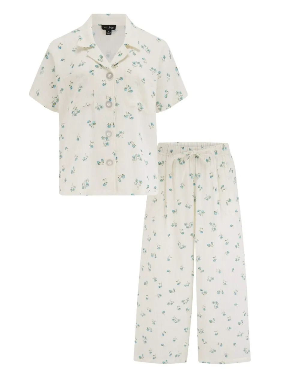 Woven Double Cloth Revere Collar Shirt & Cropped Trouser Pyjama Set