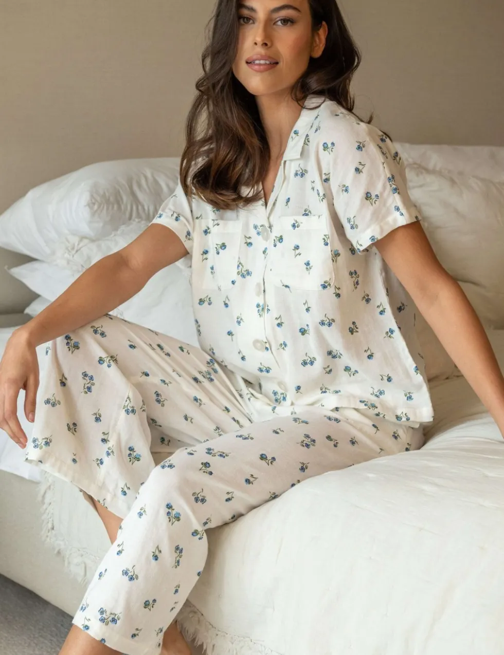 Woven Double Cloth Revere Collar Shirt & Cropped Trouser Pyjama Set