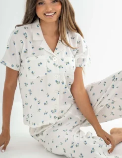 Woven Double Cloth Revere Collar Shirt & Cropped Trouser Pyjama Set