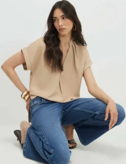 Woven Notch Neck Stepped Hem T-Shirt