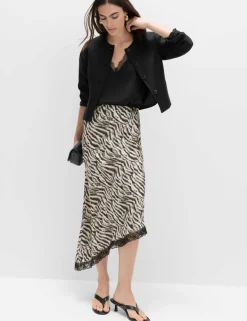Zebra Print Lace Hem Asymmetric Midi Skirt