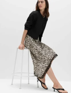 Zebra Print Lace Hem Asymmetric Midi Skirt