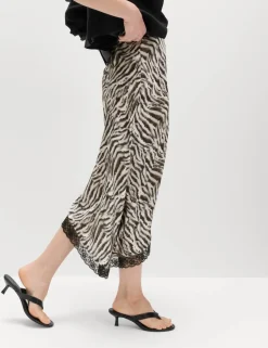 Zebra Print Lace Hem Asymmetric Midi Skirt