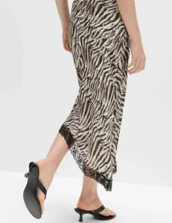 Zebra Print Lace Hem Asymmetric Midi Skirt